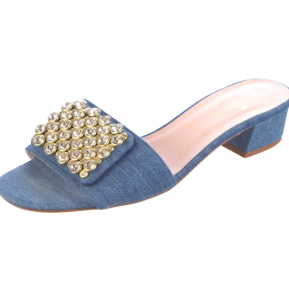 Kate Spade New York Mazie Denim Italian Leather Slide Sandals Womens Sz 6.5 NEW